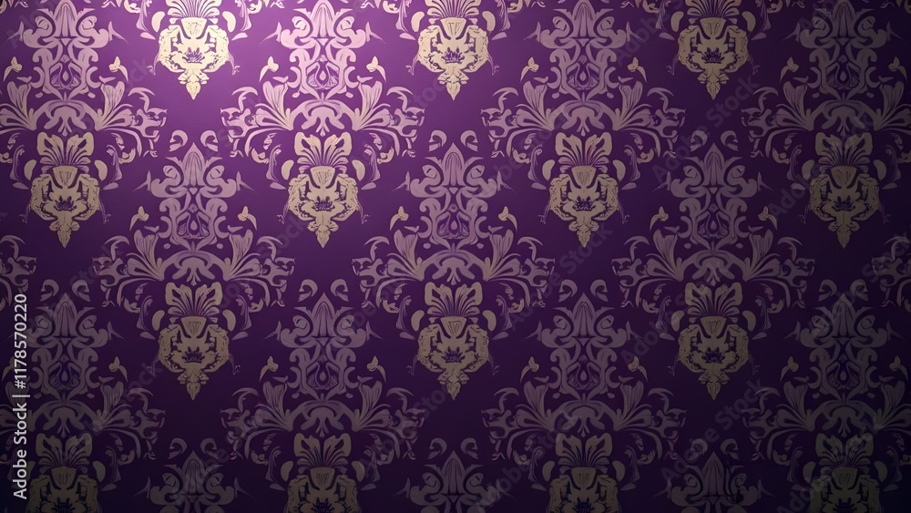 Fototapeta premium Regal Purple Wallpaper with Ornate Gold Damask Pattern
