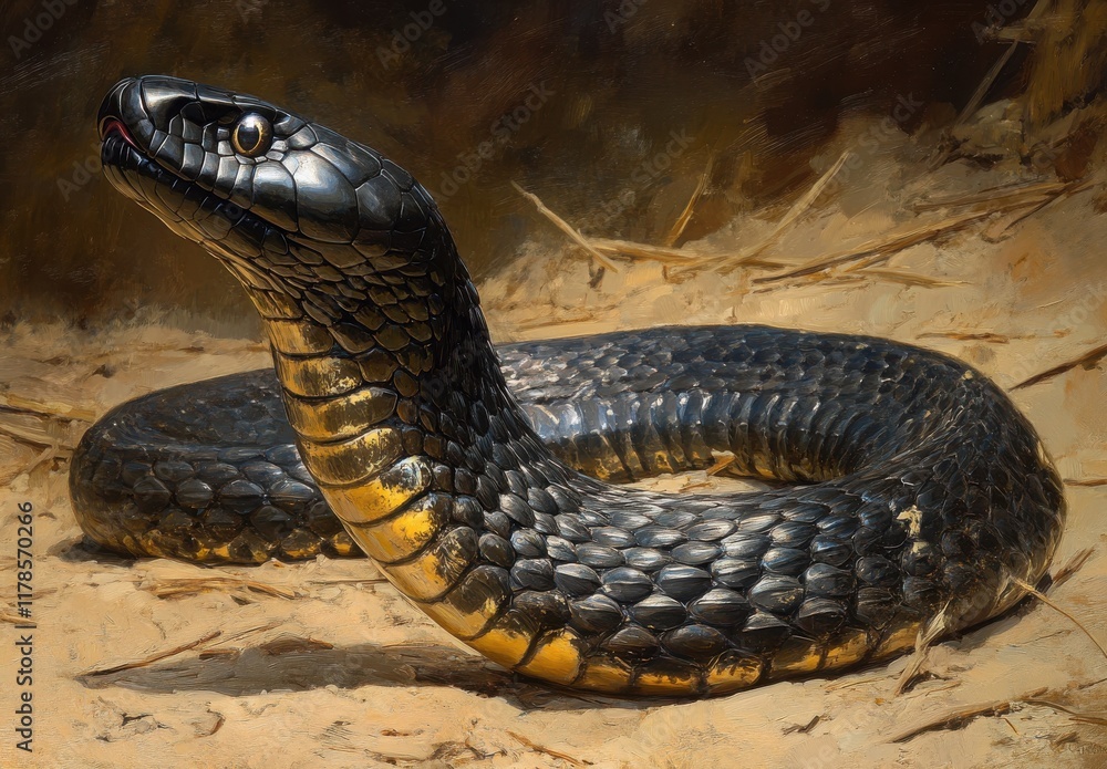 Fototapeta premium Striking Close-Up of a Black and Yellow Snake Coiled on the Ground with a Natural Background Ideal for Wildlife and Nature Photography