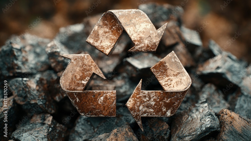 Rusty Metal Recycling Symbol on a Pile of Recycled Material Rusty Metal Recycling Symbol on a Pile of Recycled Material