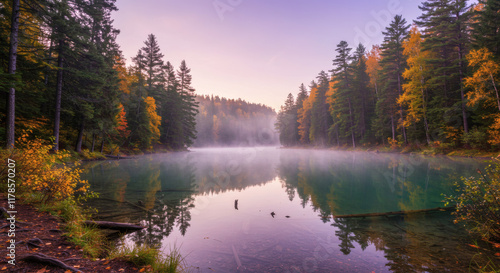 Serene Autumn Lake at Sunrise Misty Forest Reflections Fall Colors