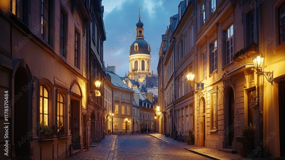 Fototapeta premium Charming European Street with Illuminated Dome at Dusk 