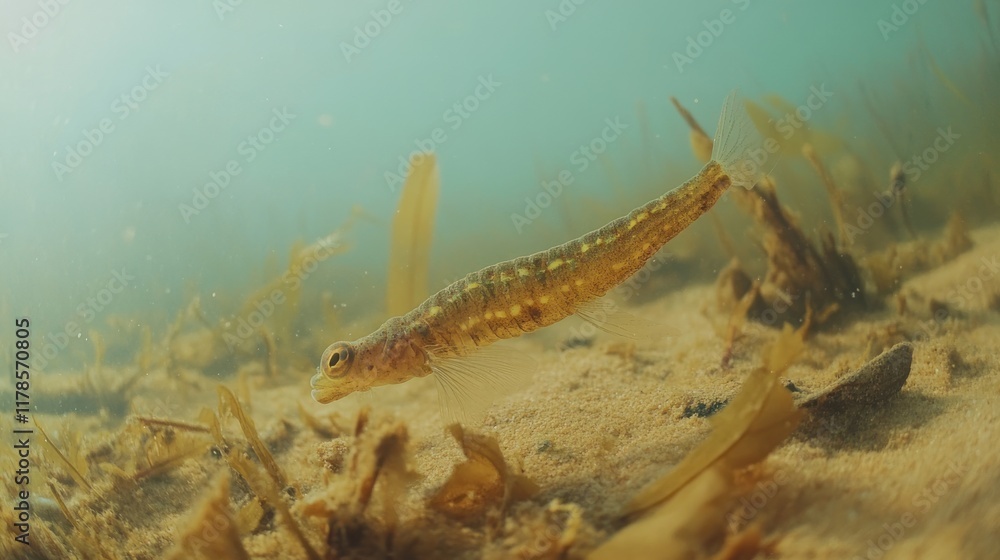 A fish swimming among underwater vegetation in a clear aquatic environment. A fish swimming among underwater vegetation in a clear aquatic environment.