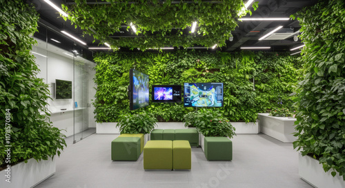 Modern Office Lobby with Lush Green Walls Screens and Seating