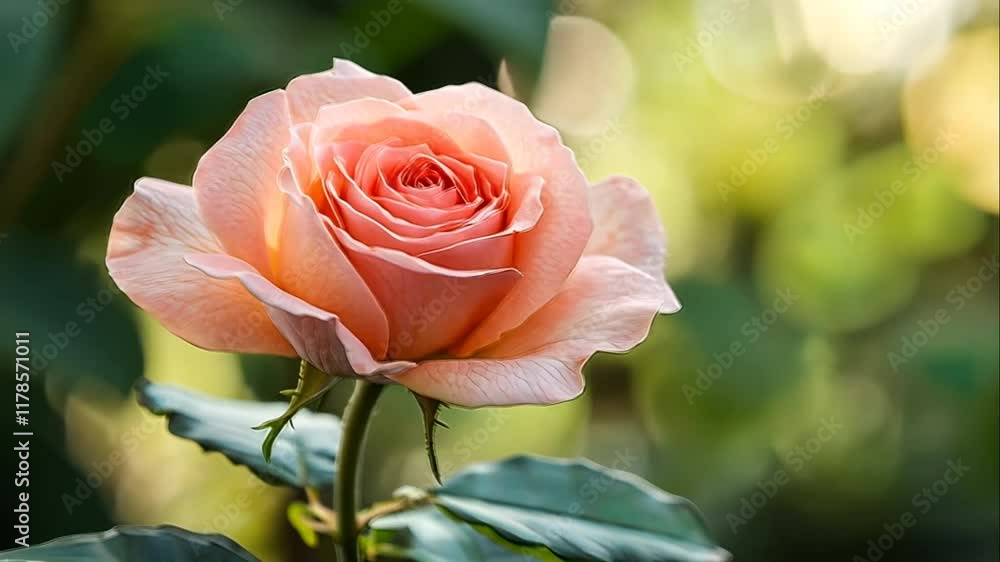 Single peach rose in bloom, soft focus background. Single peach rose in bloom, soft focus background.