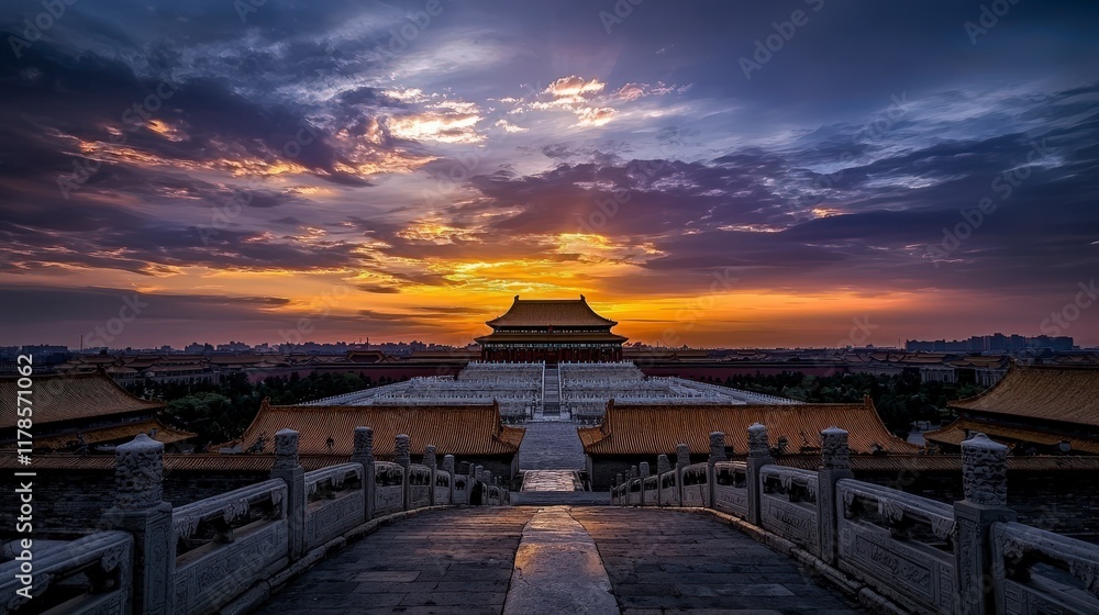 Fototapeta premium Sunset over the forbidden city captivating symmetry in architecture beijing photography tranquil environment aerial view
