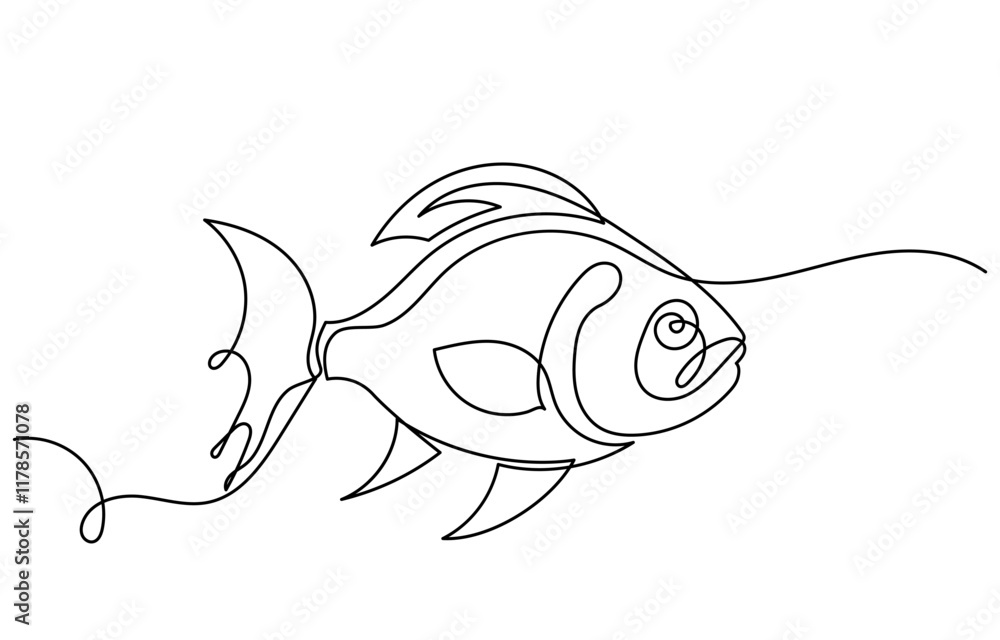 Obraz premium Continuous line drawing of a Crucian carp fish. illustration of saltwater fish line art vector illustration, One line drawing of a Crucian carp fish.Crucian carp fish isolated on a white background.