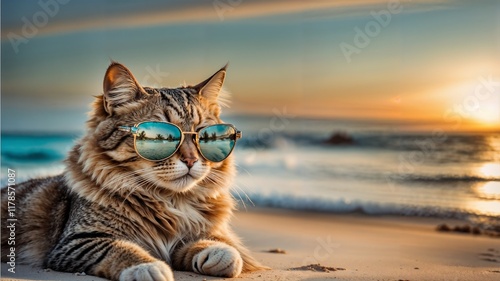 A furry cat relaxing on the beach and wearing glasses. Image made with generative Ai