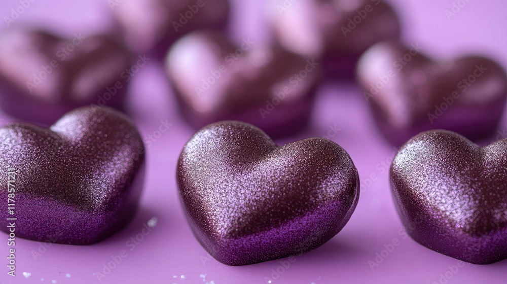 Luxurious Purple Glitter Heart-Shaped Chocolates on Lavender Background Luxurious Purple Glitter Heart-Shaped Chocolates on Lavender Background