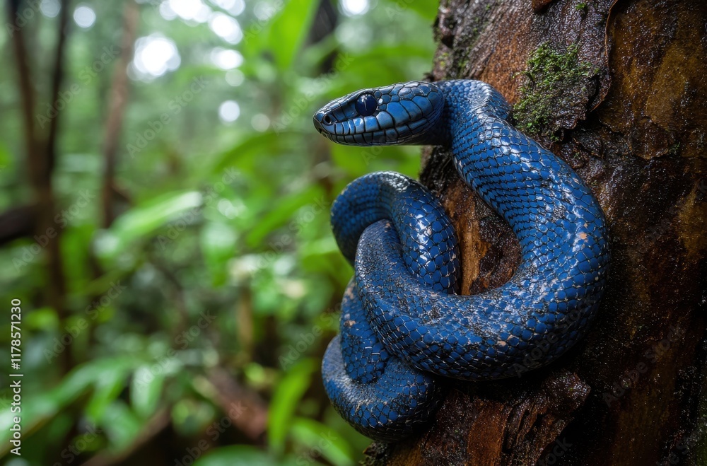 Obraz premium Stunning Close-Up of a Vibrant Blue Snake Perched on a Tree in a Lush Forest Setting, Capturing the Beauty of Nature and Its Dynamic Ecosystem