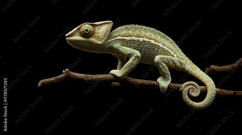 Naklejka premium Juvenile chameleon on a branch against a black background.