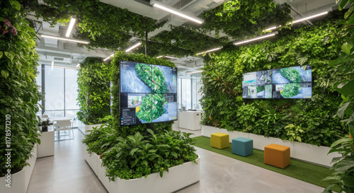Modern Office Interior with Lush Vertical Gardens and Large Digital Screens Displaying Data