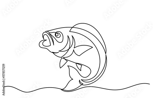 Continuous line drawing of a bass fish leaping out of water. Simple illustration of saltwater fish line art vector illustration, One line drawing of  bass fish.bass fish isolated on a white background