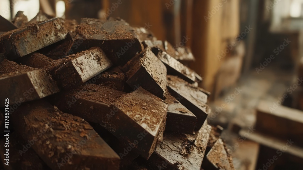 A close-up of rusty metal pieces stacked in an industrial setting. A close-up of rusty metal pieces stacked in an industrial setting.