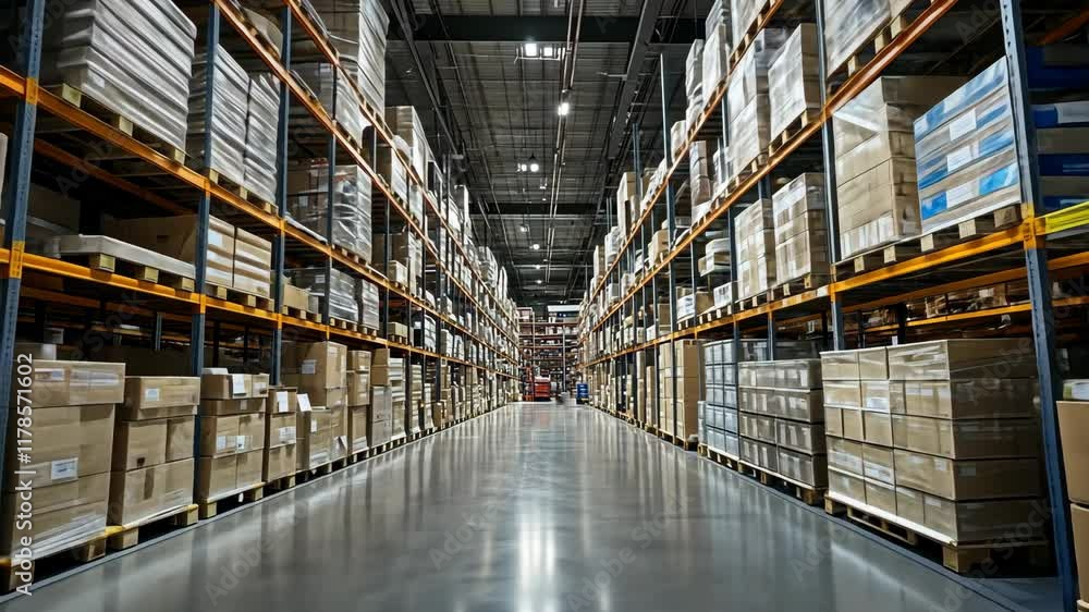 Large warehouse interior filled with rows of stacked boxes and crates in an organized layout Large warehouse interior filled with rows of stacked boxes and crates in an organized layout