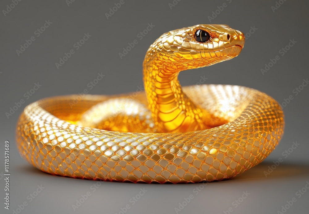Naklejka premium Stunning Golden Snake with Intricate Scales and Vibrant Details on a Soft Gray Background, Perfect for Captivating Wildlife or Fantasy Themes in Visual Art and Design Projects