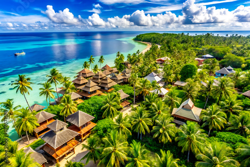 Fototapeta Naklejka Na Ścianę i Meble -  Aerial view of beautiful tropical island with palm trees, blue lagoon and white sand beach