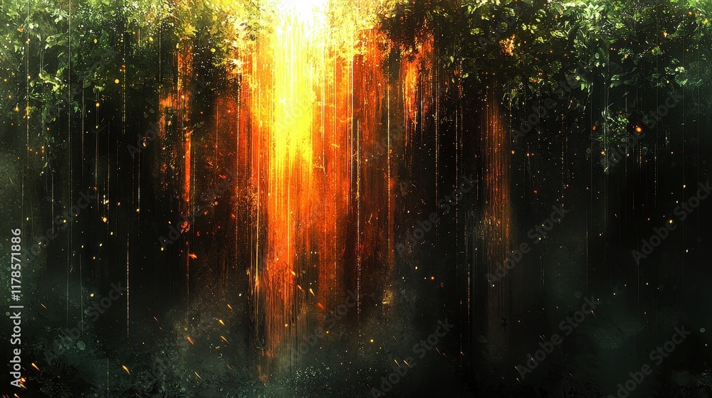 A celestial rainforest where glowing waterfalls cascade from crystalline cliffs into radiant pools. The vibrant canopy is illuminated by bioluminescent flowers, and golden mist swirls gently A celestial rainforest where glowing waterfalls cascade from crystalline cliffs into radiant pools. The vibrant canopy is illuminated by bioluminescent flowers, and golden mist swirls gently
