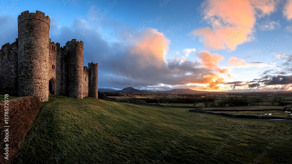 Majestic Medieval Castle at Sunset Rolling Hills Landscape Majestic Medieval Castle at Sunset Rolling Hills Landscape