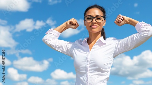 Confident woman flexing her muscles outdoors against a blue sky, embodying strength and empowerment.