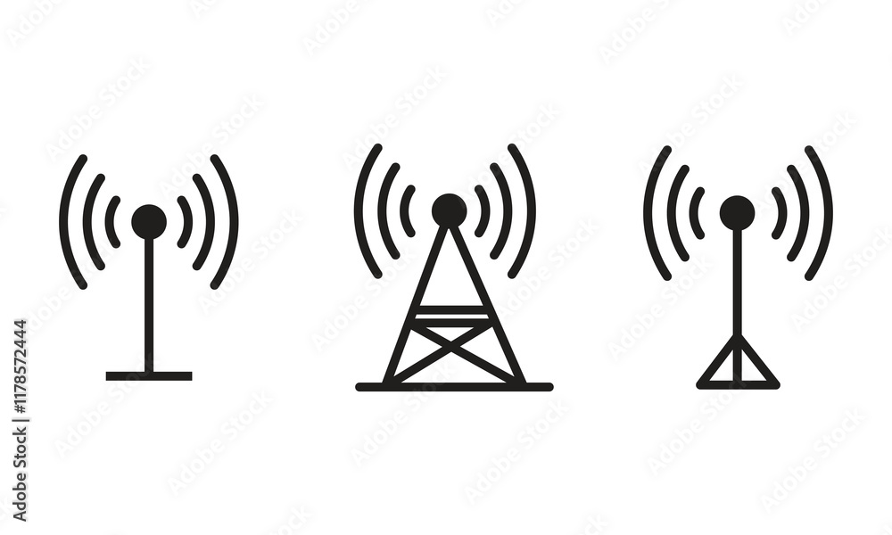 Radio tower icon set. Radio tower, mast with radio waves isolated on white artboard. 11.11 Radio tower icon set. Radio tower, mast with radio waves isolated on white artboard. 11.11