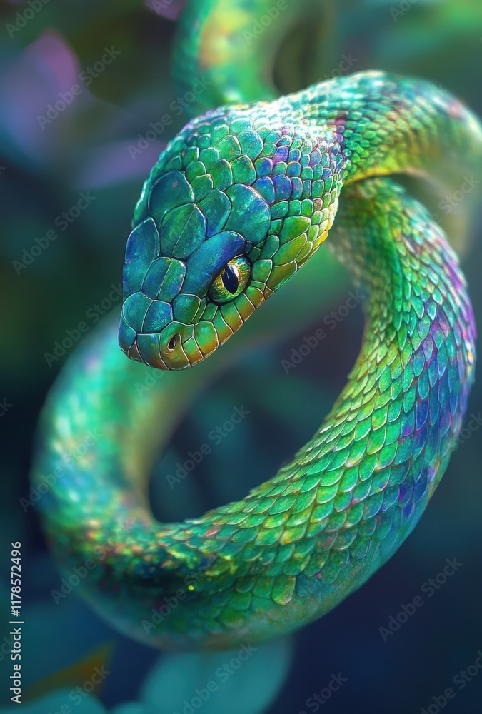 Fototapeta premium Vibrant and Lifelike Green Snake Coiled Among Lush Greenery, Showcasing Iridescent Scales and Intense Gaze, Perfect for Nature and Wildlife Themes