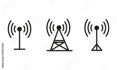 Radio tower icon set. Radio tower, mast with radio waves isolated on white artboard. 11.11
