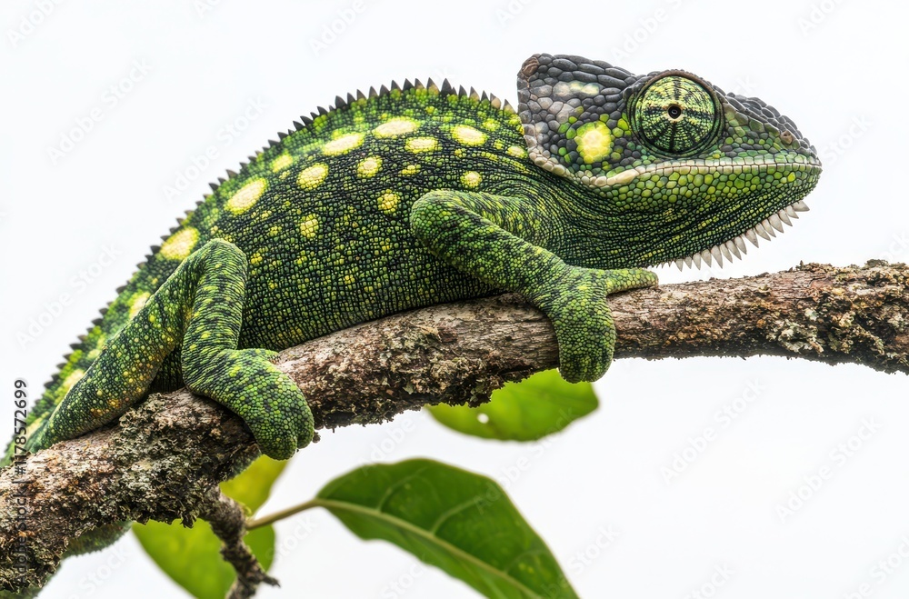 Fototapeta premium Vibrant Green and Yellow Lizard Resting on Branch with Textured Skin and Unique Eye Features in Natural Environment