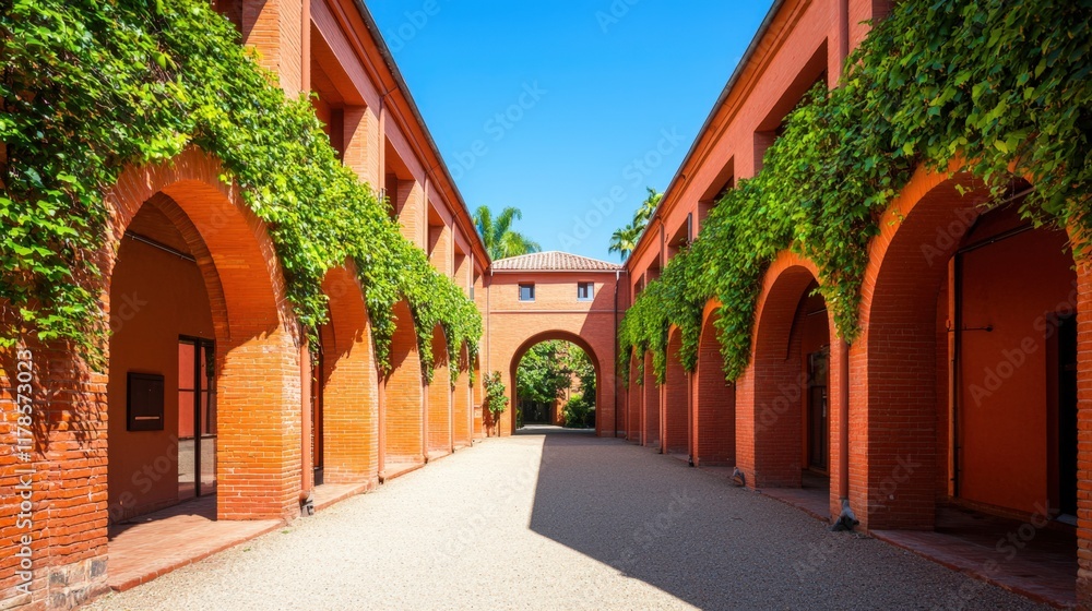 Obraz premium Mindfulness and meditation method, A vibrant courtyard featuring arches, lush greenery, and a clear blue sky, creating a serene and inviting atmosphere.