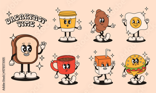 Groovy characters breakfast. Coffee, toast, scrambled eggs, juice, burger, croissant. Flat vector illustration.