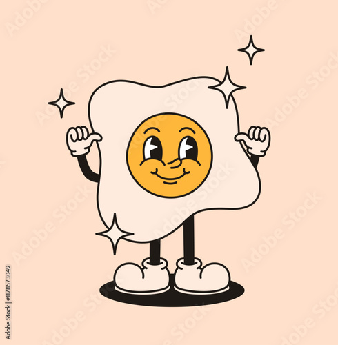 Groovy retro character scrambled eggs. Flat vector illustration.