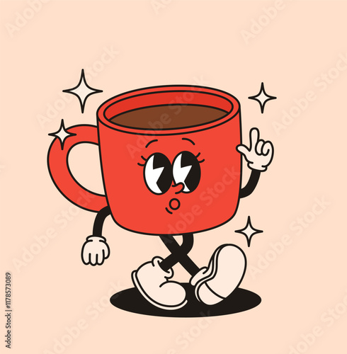Groovy character cup of coffee. Flat vector illustration.