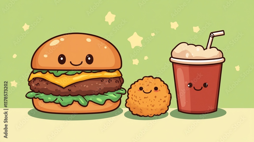 Cute cartoon burger, chicken nugget, and soda. Cute cartoon burger, chicken nugget, and soda.