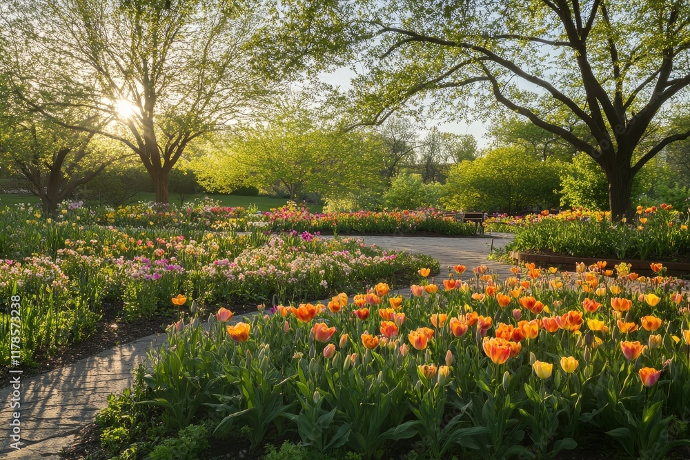 Fototapeta premium A serene garden scene with colorful tulips and lush greenery bathed in the warm glow of sunrise.