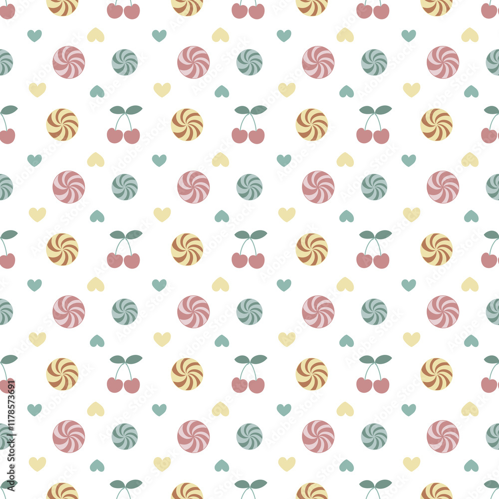 Seamless pattern with candy, cherry and hearts Seamless pattern with candy, cherry and hearts