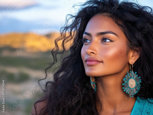 A woman with long black hair wearing a blue top and earrings photo