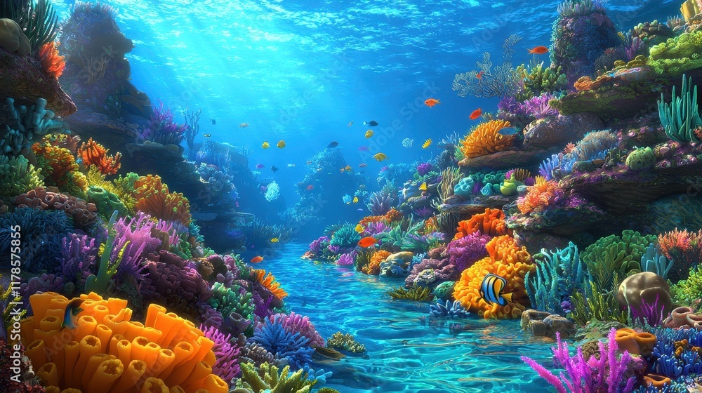 Naklejka premium A mystical coral reef glowing with vibrant hues of turquoise and violet. Ethereal sea creatures glide through the radiant waters, their luminous forms blending harmoniously with the glowing