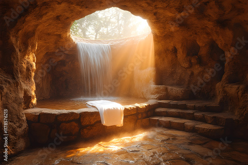 Resurrection of Jesus, showcasing the interior of the empty tomb bathed in soft, divine light photo