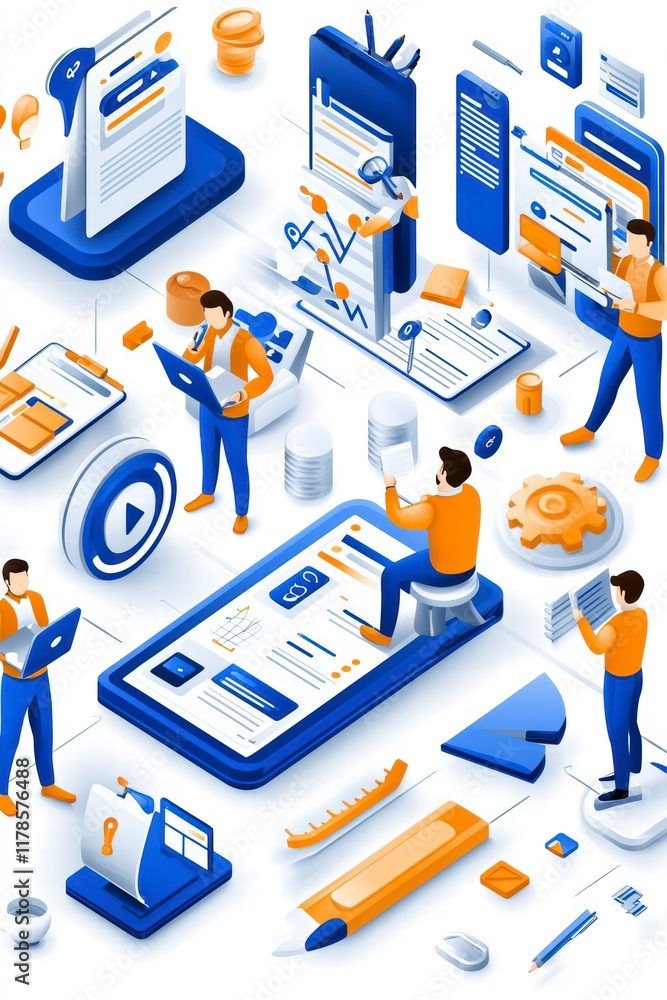Isometric Illustration of a Team Collaborating on a Mobile App Project Isometric Illustration of a Team Collaborating on a Mobile App Project