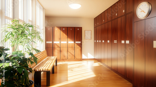 Interior of a modern locker room with wooden walls and wooden floor