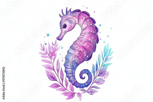 colorful seahorse illustration surrounded by vibrant leaves and bubbles photo