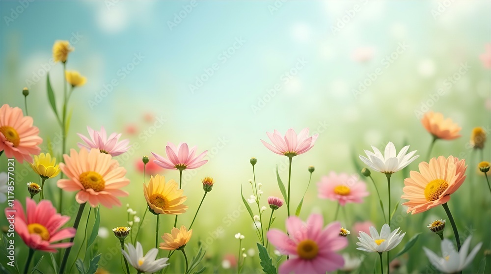 Pastel Dream: A Field of Delicate Spring Flowers Basking in Soft Sunlight Pastel Dream: A Field of Delicate Spring Flowers Basking in Soft Sunlight
