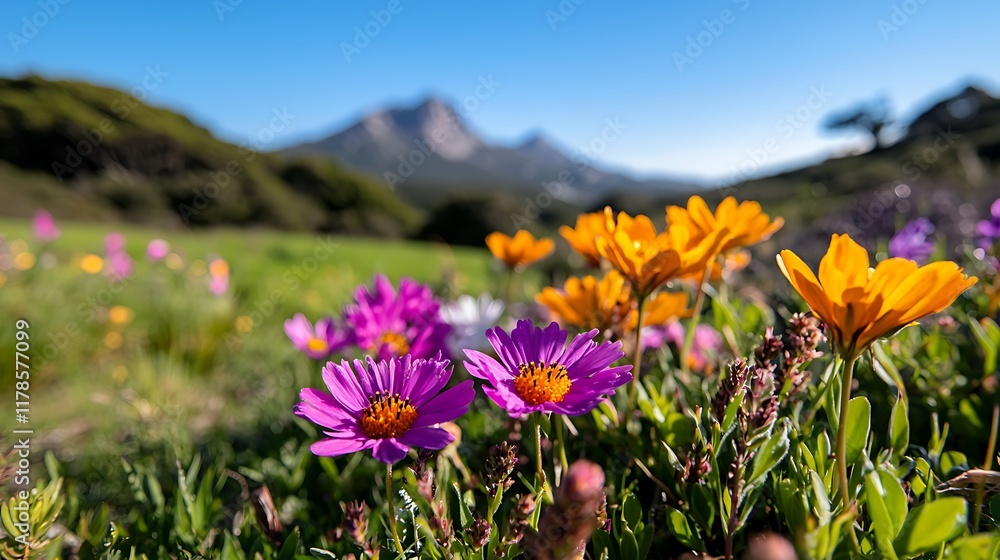 Obraz premium Vibrant purple and orange wildflowers in a field with mountains in the background under a clear blue sky.