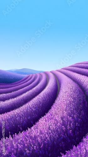 Tranquil lavender fields under a clear daytime sky, with rows of purple flowers stretching to the horizon. Captures the tranquility and beauty of nature