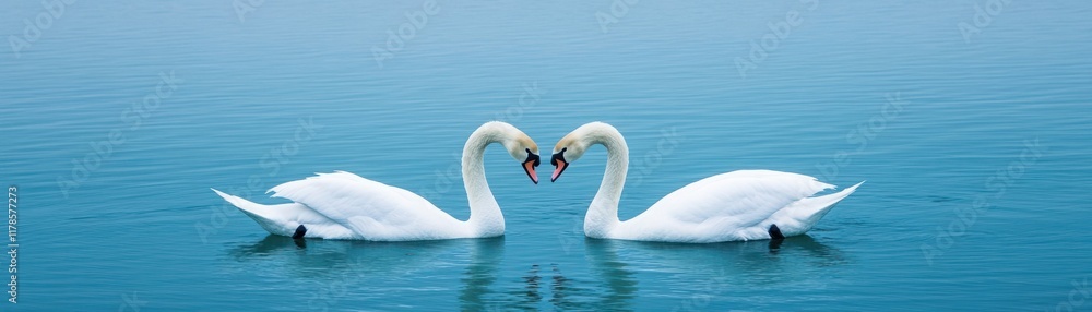 Graceful Swans with Elegant Necks Engaging in a Heartwarming Display of Affection on a Calm Blue Lake Surrounded by Tranquility and Serenity of Nature Graceful Swans with Elegant Necks Engaging in a Heartwarming Display of Affection on a Calm Blue Lake Surrounded by Tranquility and Serenity of Nature