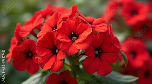 Close-up view of a vibrant cluster of deep red phlox flowers, showcasing their delicate petals and intricate details against a softly blurred green background.