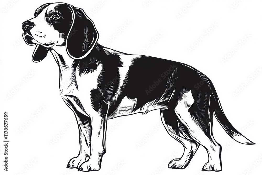 detailed illustration of Beagle dog in black and white style