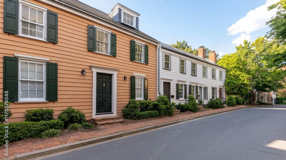Mindfulness and meditation method, A charming street lined with traditional houses featuring distinctive colors, shutters, and manicured landscaping under a clear blue sky. Mindfulness and meditation method, A charming street lined with traditional houses featuring distinctive colors, shutters, and manicured landscaping under a clear blue sky.