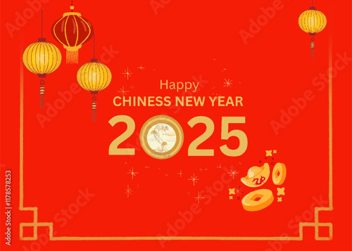 Happy Chiness New Year with Typelogo Type ,Snacke,Gold,Hanging Red,Money,Horizontal posters, greeting cards, headers, website. Chinese New Year 2025 photo