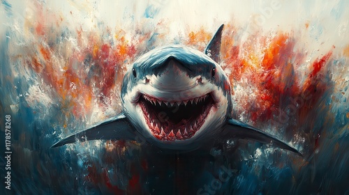 Great white shark bursting through colorful water.