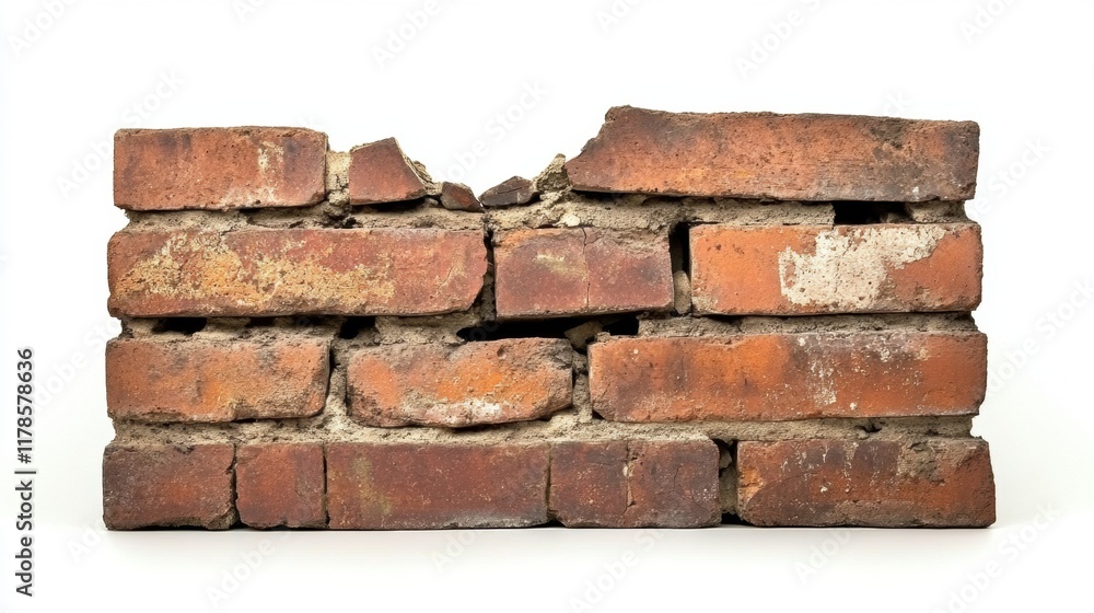 A Damaged Section of Old Brick Wall Isolated on White Background Detailed Closeup View A Damaged Section of Old Brick Wall Isolated on White Background Detailed Closeup View